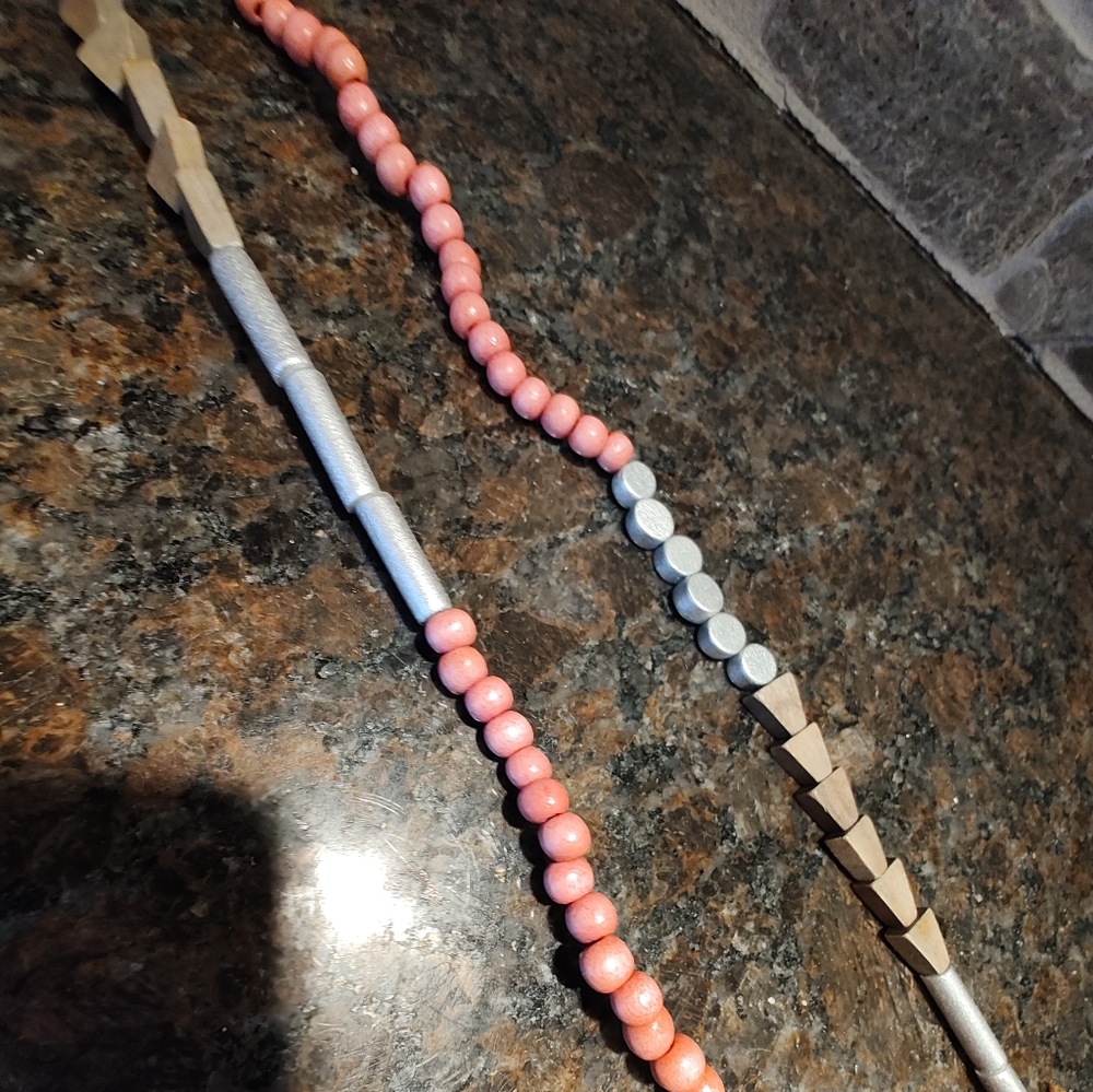Wooden Beaded Necklace, Pink, Silver, Brown Painted Beads - Picture 5 of 5